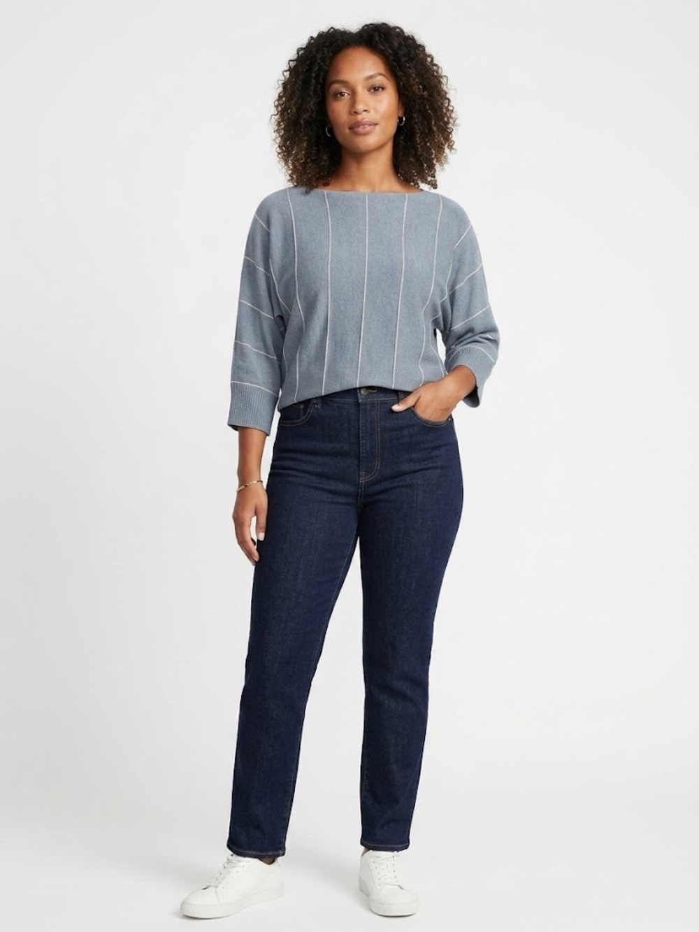 Lafayette 148 NY Cashmere Silk Blue Striped Boatneck Sweater M Luxury